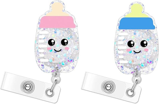 2Pcs Cute Baby Bottle Badge Reel Retractable for Nurse, Doctor, Medical Worker Nursing Student | Funny Pediatric Nurse ID Name Badge Holder 24” Durable Nylon Retractable Cord with Alligator Clip