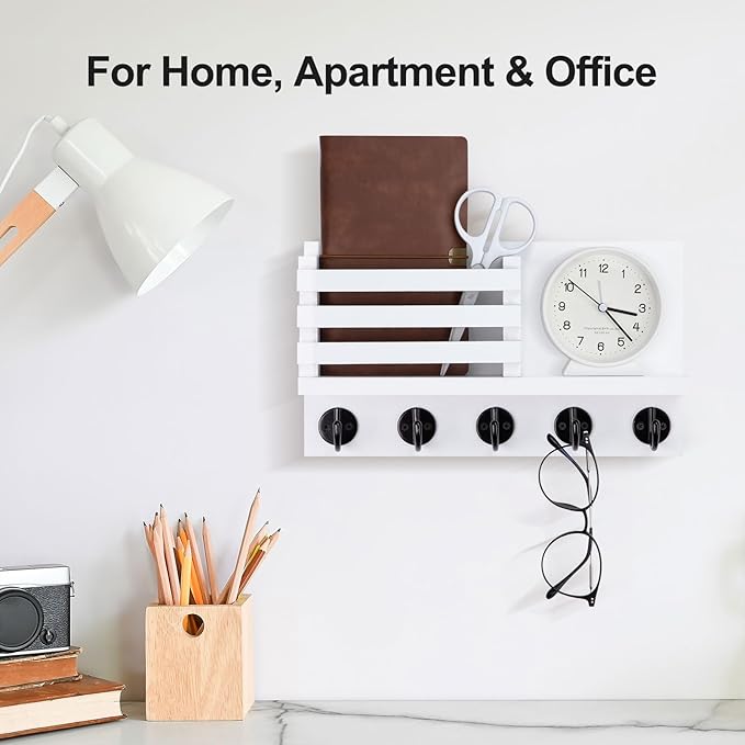 Lwenki Key Holder for Wall – Decorative Wooden Mail Holder and Key Shelf with Mounting Hardware, Installation Guide – Paulownia Wood with 5 Metal Key Hooks (11.8” x 6.7” x 2.8”)