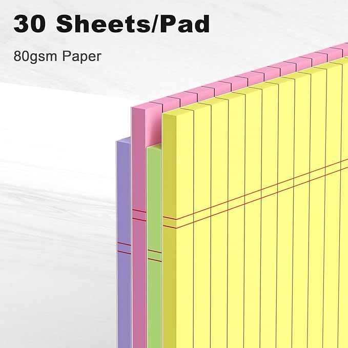 AILZFEI Colored Legal Pads 8.5 x 11 Note Pads, Wide Ruled Sturdy Back Writing Pads 30 Sheets/Pad, 20lb Colored Paper, Perforated Notepad with Sturdy Back (4 Pads)