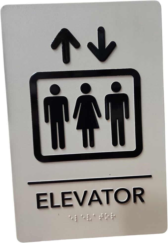 USA Made - Men's and Women's Restroom Signs ADA-Compliant Bathroom Door Signs for Offices, Businesses, and Restaurants, Black, Blue, Grey and Taupe/Tan Colors (Taupe/Tan Elevator)