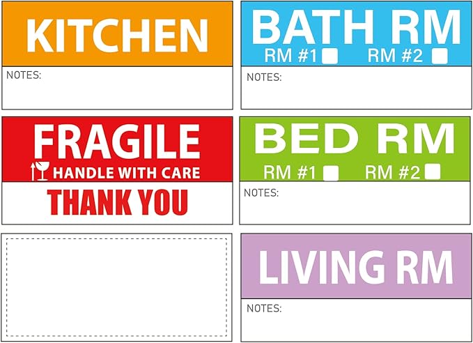 Yoget 42x90mm Large Home Moving Labels for Apartment Moving, 4 Different Color Coded Packing Stickers + 40Pcs Fragile Stickers + 40 Pcs Removable Blank Furniture Labels (240 Labels)