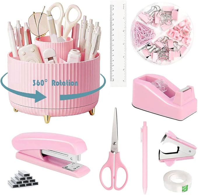 Gawsey Desk Organizers and Accessories Set with 360-Degree Rotating Pen Holder, Tape Dispenser, Stapler, Staple Remover, 1000 Staples, Tape, Clips Set, Ruler, Scissor, Pen