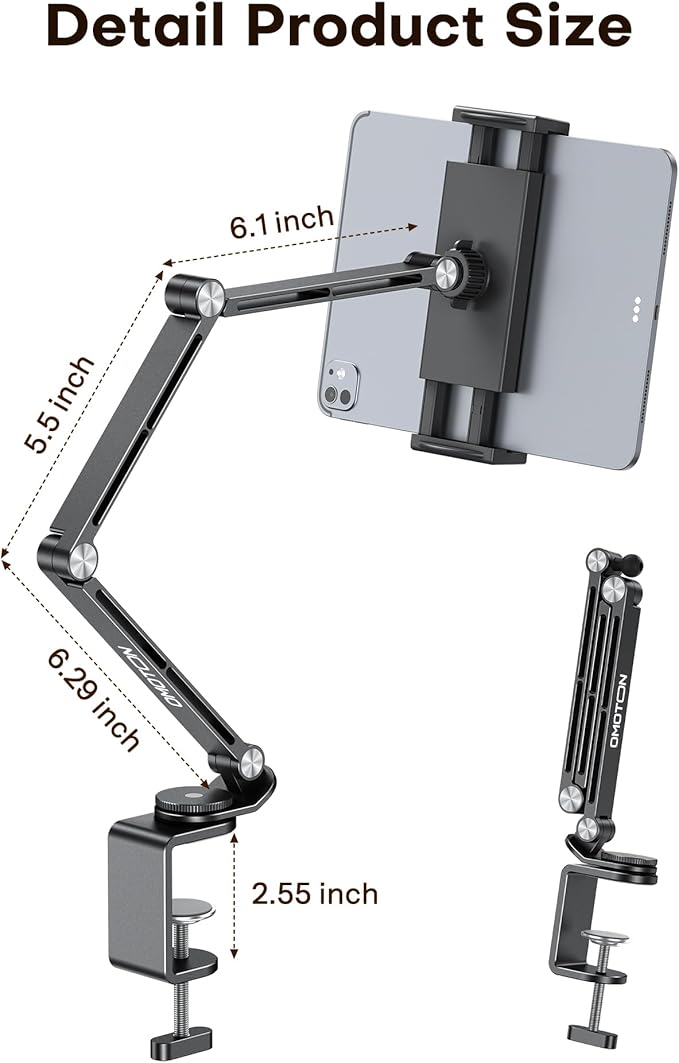 OMOTON Adjustable Tablet Stand for iPad, Desk Phone Holder for Bed with 2 Clamps, Flexible Aluminum Alloy Mount with 360° Rotation for 4-13" Devices (Black)