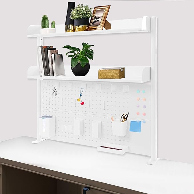 Dlinanta Clamp-On Pegboard Desk Organizer, 2-Tier Clamp On Desk Shelf with Hooks, Office Accessory Organizer for Books, Office Supplies & DIY Storage, 16.5lbs Capacity, 39.37" x 37.4", White