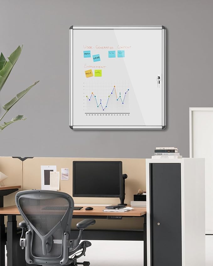 Mifuro 28"x26" Enclosed Bulletin Board, Lockable Weather-Resistant Aluminum Noticeboard for School & Office, Silver Frame w/Magentic Whiteboard