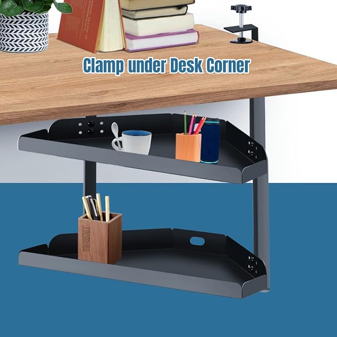 Yuxh Clamp On Desk Corner Shelf 2 Tier Cilp Under Table Corner Organizer, Black-M, 16 inch
