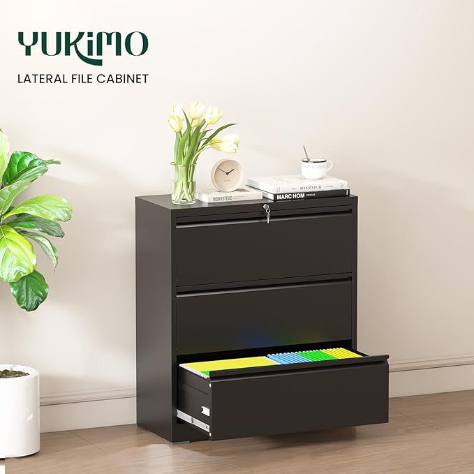 3 Drawer Lateral File Cabinet with Lock, Metal File Cabinets for Home Office, Office Furniture for Organization Hanging Legal/Letter/A4, Metal Filing Cabinet Storage Cabinet, Require Assembly, Black