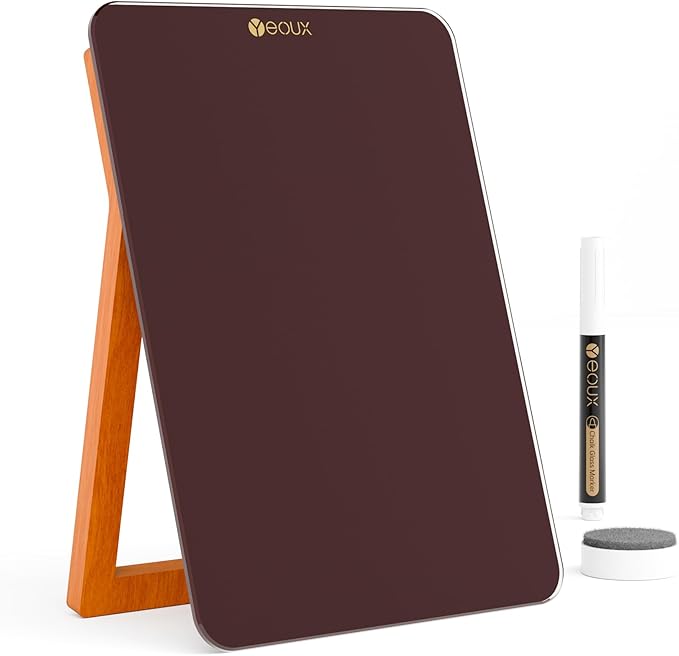 YEOUX Glass Small Whiteboard with Reversible Wood Stand for Desk, Burgundy Red, Mini Dry Erase Board, Desktop Small White Board 9.5"x6.7" for Office, Home, Kitchen, Marker & Eraser Included