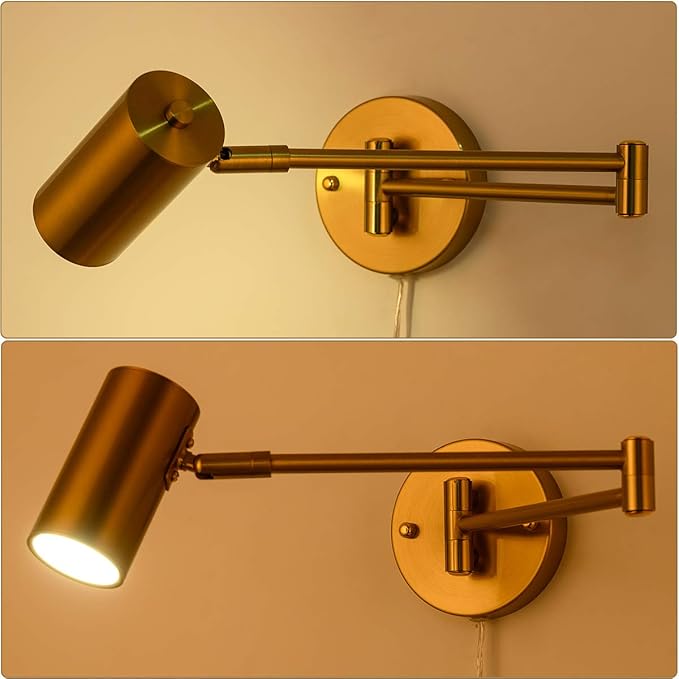 Ahaloye Gold Plug in Wall Sconces Set of 2, Modern Swing Arms Wall Lamp with Plug-in Cord Adjustable Wall Light for Bedroom Living Room (Light Source Included)