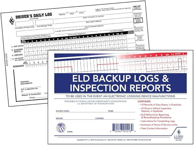 ELD Backup Driver Log Book 5-pk. with Detailed Driver Vehicle Inspection Report & Daily Recap - Book Format, 2-Ply Carbonless, 8.5" x 5.5", 10 Sets of Forms Per Book - J. J. Keller & Associates