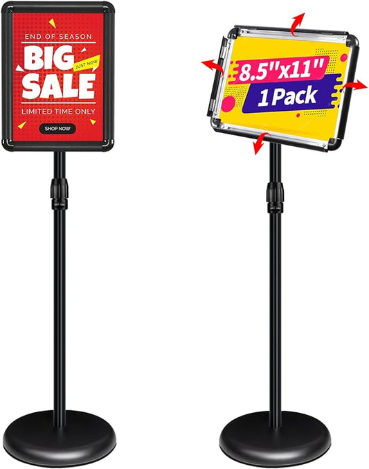 INNOVSIGN Adjustable Pedestal Sign Holder Stand 8.5''x11'', Floor Standing Poster Sign Stand, Aluminum Frame for Vertical/Horizontal View Sign Stand,Outdoor/Indoor Standing Sign Holders(Black, Round)