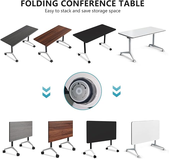 Goakwwuz Conference Room Table, Folding Conference Tables,Thicken Grey Tabletop,Flip Top Wooden Seminar Meeting Room Table for Conference Room Offices (8, Black+White, 61.0“)