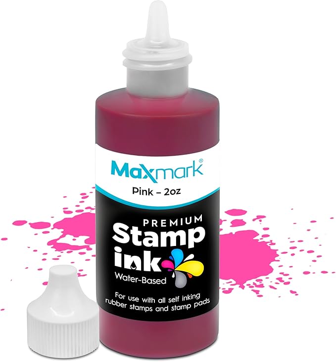 MaxMark Premium Refill Ink with Control Tip Bottle for Self-Inking Stamps, Pink Color - 2 oz.