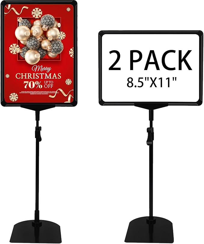 Sign Holder Stand with Adjustable Height Snap Open, Reusable Sign Holder 8.5 x 11 Inch for Display Advertising Business Menu Flyer Signage, Vertical and Horizontal View (Black, 2 Pack)