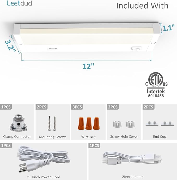 Leetdud LED Under Cabinet Lighting Hardwired or Plug in, 12 Inch 6W, Dimmable 5 Color 2700K/3000K/3500K/4000K/5000K, Linkable Eyes Care Design Counter Lights for Kitchen, Sink, ETL Listed, White