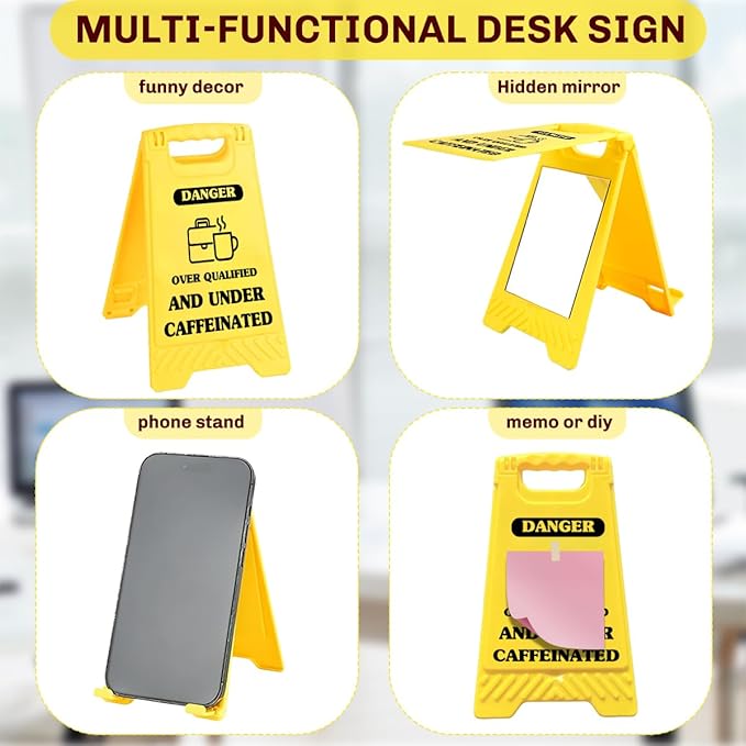 Funny Office Desk Accessories,Office Cubicle Decor, Caution Desk Decor,Phone Holder Mirror Acrylic Table Signs，Sarcastic Quote Novelty Gift for Coworkers Graduates Coffee Lovers HR (Over Qualified)