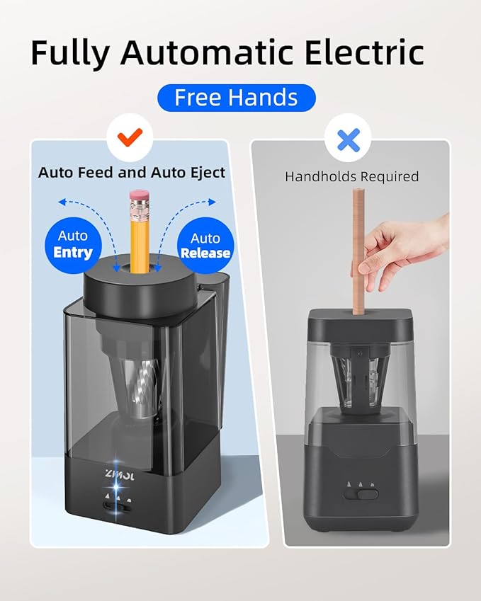 Zmol Full Automatic Electric Pencil Sharpener for Colored Pencils,Auto in & Out, Rechargeable Hands-Free,Heavy Duty Pencil Sharpeners for Classroom, 6-12mm Jumbo Pencils,Home,School,Office