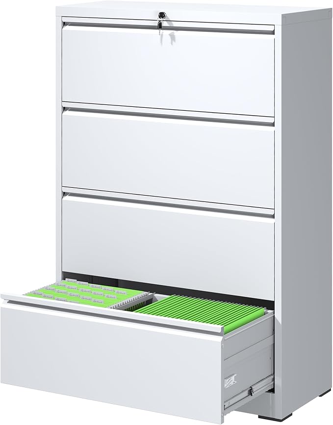 FLIXELIO File Cabinets 4 Drawer,Metal Office Storage Filing Cabinet with Lock,White Lateral Filing Cabinet for Home Office,Horizontal Locking File Cabinet for Legal/Letter/A4,Assembly Require,White