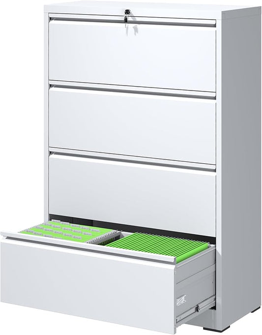 FLIXELIO File Cabinets 4 Drawer,Metal Office Storage Filing Cabinet with Lock,White Lateral Filing Cabinet for Home Office,Horizontal Locking File Cabinet for Legal/Letter/A4,Assembly Require,White
