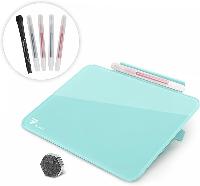Aqua Blue Mini Desktop Pure Glass Whiteboard, Small Slope Slick Desk Whiteboard Glass, Desk White Board, Desktop White Board Dry Erase, Stenography Artifact for Office Home Schooling Décor, 8x6 Inches