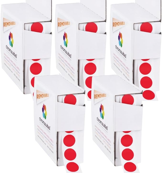 ChromaLabel 1/2 Inch Round Colored Sticker Dots, Removable Sticky Color Coding Labels for Arts and Crafts, Small Red Dot Stickers - 1000 Labels per Dispenser Box, Red - Case of 5