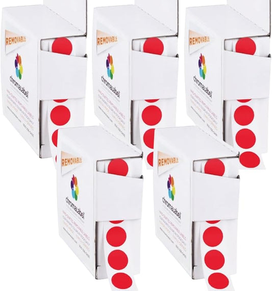 ChromaLabel 1/2 Inch Round Colored Sticker Dots, Removable Sticky Color Coding Labels for Arts and Crafts, Small Red Dot Stickers - 1000 Labels per Dispenser Box, Red - Case of 5