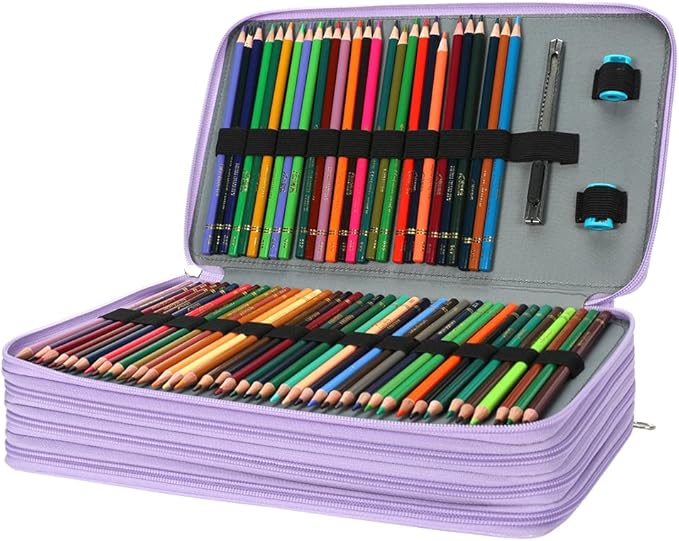 Vomgomfom Deluxe PU Leather Pencil Case - Large Capacity Holder with Zipper Closure for 300 Colored Pencils or 200 Gel Pens, Artist Organizer (Purple)