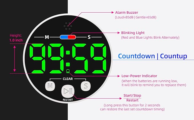 Large LED Digital Timer, Magnetic Countdown Loud Timer for Kitchen Cooking, Classroom Whiteboard, Kids, Toddler, Game, Productivity, Focus, Work, Task, Office, Meeting – Small, Simple, Visual, Green