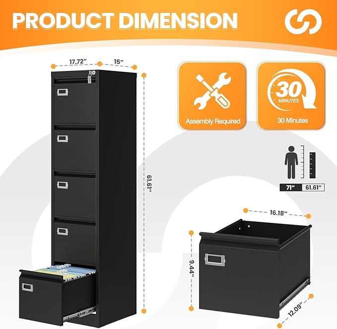 AFAIF 5 Drawer File Cabinet with Lock, Metal Filing Cabinets for Home Office, Vertical Black Locking File Caninet, Steel Narrow Five Drawer File Cabnet for Letter/Legal / A4 / B4- Assembly Required