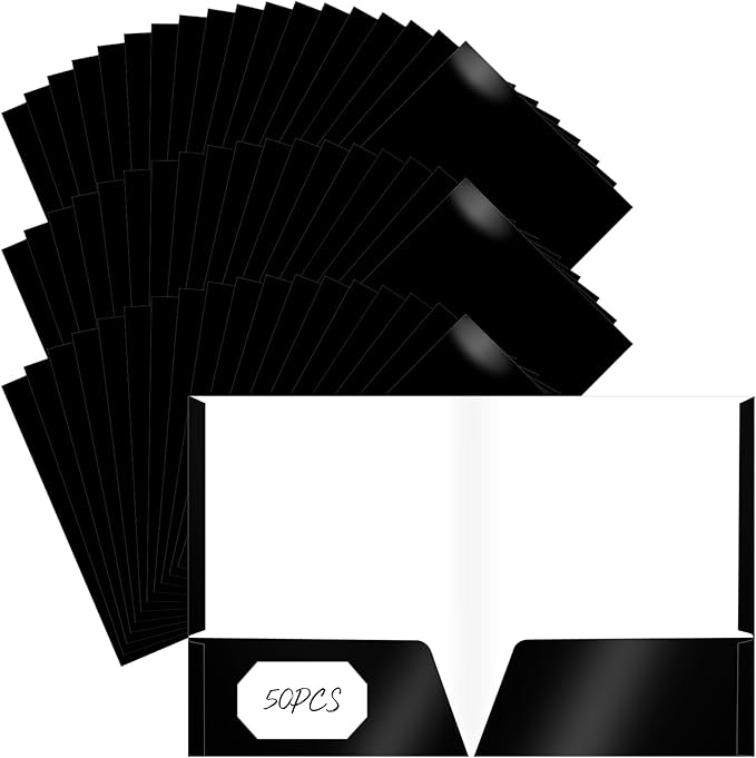 Jutom 50 Pcs 2 Pocket Glossy Paper Folders Glossy Paper Laminated Portfolios, Letter Size, Presentation Folders with Pockets for Office Teacher Worker Supplies(Black Color)