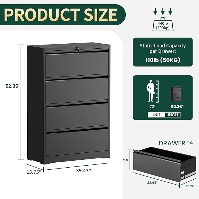 4 Drawer Lateral File Cabinet with Lock, Metal File Cabinets for Home Office, Office Furniture for Organization Hanging Legal/Letter/A4, Metal Filing Cabinet Storage Cabinet, Require Assembly, Black