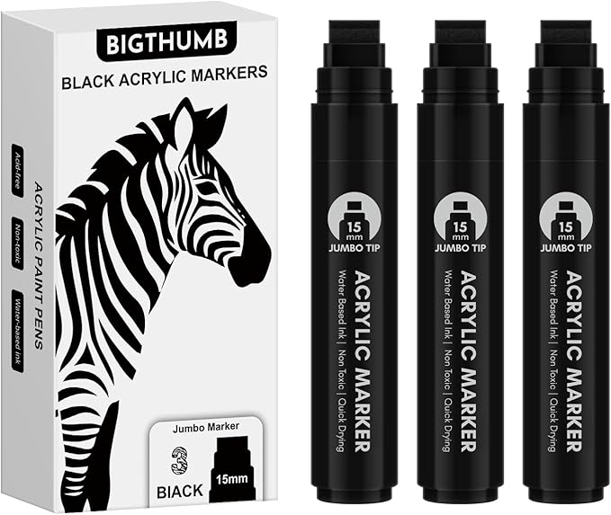 BIGTHUMB 3 Pcs Black Jumbo Permanent Markers: 15mm Wide Tip Thick Acrylic Paint Pen Large Calligraphy Marker for Rock Painting, Poster, Sign, Canvas, Glass, Wood, Ceramic