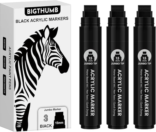 BIGTHUMB 3 Pcs Black Jumbo Permanent Markers: 15mm Wide Tip Thick Acrylic Paint Pen Large Calligraphy Marker for Rock Painting, Poster, Sign, Canvas, Glass, Wood, Ceramic