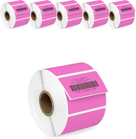 HOUSELABELS 2.25" x 1.25" Pink Address Labels on 1" Core Compatible with Zebra and Rollo Printers, 6 Rolls / 1,000 Labels per Roll