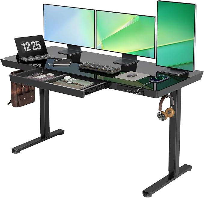 Claiks Glass Standing Desk with Drawers, 55 Inch Adjustable Stand Up Desk, Quick Install Home Office Computer Desk with USB Ports, Black