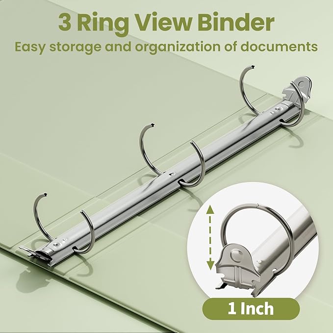 SUNEE 3 Ring Binder 1 Inch 1 Pack, Clear View Binder Three Ring PVC-Free (Fit 8.5x11 Inches) for School or Office Supplies, Sage Green