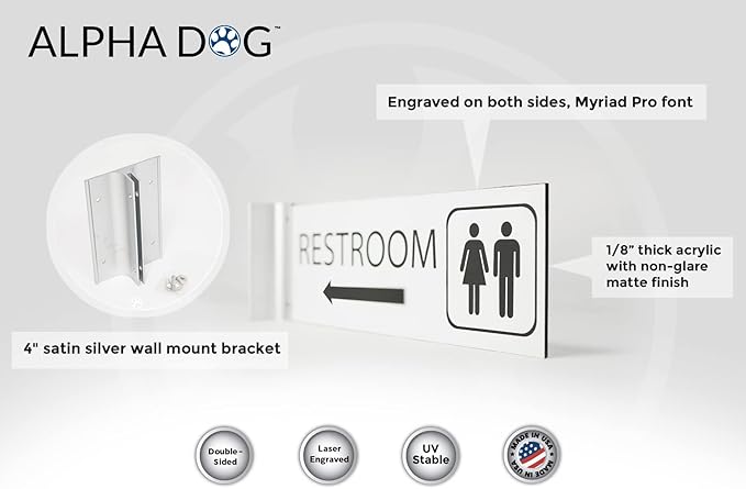 ALPHA DOG SIGNS Corridor Projecting Hallway Bathroom Sign, Left Arrow, 4"x12" Double Sided, Indoor/Outdoor, Easy Install, Durable Business Wayfinding Plaque, USA-Made (White)