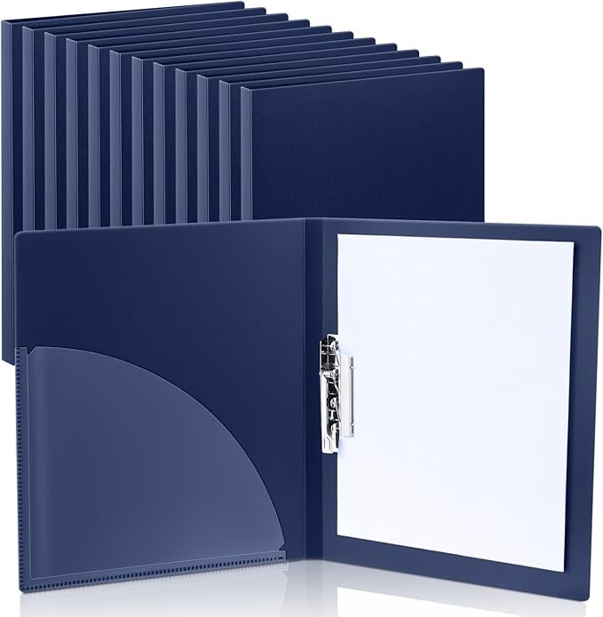 Teling 12 Pack Punchless Clamp Binder Folder 8.5 x 11 Inch Ringless Binder Holds with Pocket, Flexible Metal Clip and Poly Covers, 100 Letter Size Pages, for Work, School(Navy Blue)