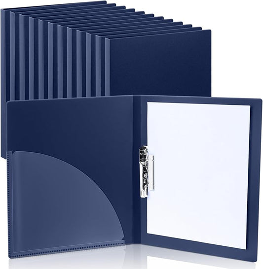 Teling 12 Pack Punchless Clamp Binder Folder 8.5 x 11 Inch Ringless Binder Holds with Pocket, Flexible Metal Clip and Poly Covers, 100 Letter Size Pages, for Work, School(Navy Blue)