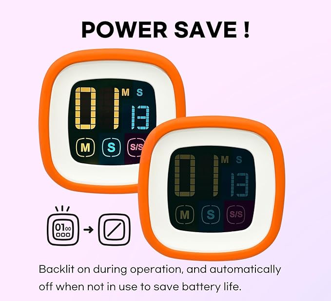 CREAVIVA Digital Kitchen Timer, Countdown, Countup, Protective Rubber case, Large Display with Color Bold Digits, Touch Control, Backlit, Magnetic Kickstand, Loud Alarm, Auto Memory (Orange)