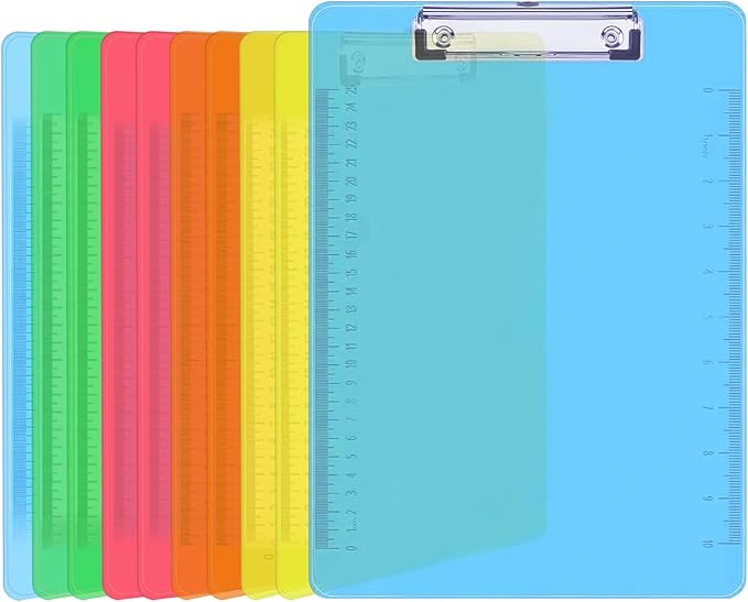Plastic Clipboards, PANDRI 10 Pack Clear Colored Clipboards, Low Profile Clip Board 12.5 x 9 Inch Standard Letter Size, Office Supplies Classroom