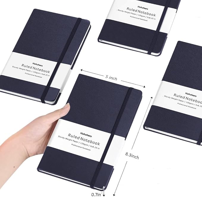 Huhuhero Notebooks Journal, Ruled Notebook, Premium Thick Paper Lined Journal, Black Hardcover Notebook for Office Home School Business Writing Note Taking Journaling, 5"×8.25" (5, Navy Blue)