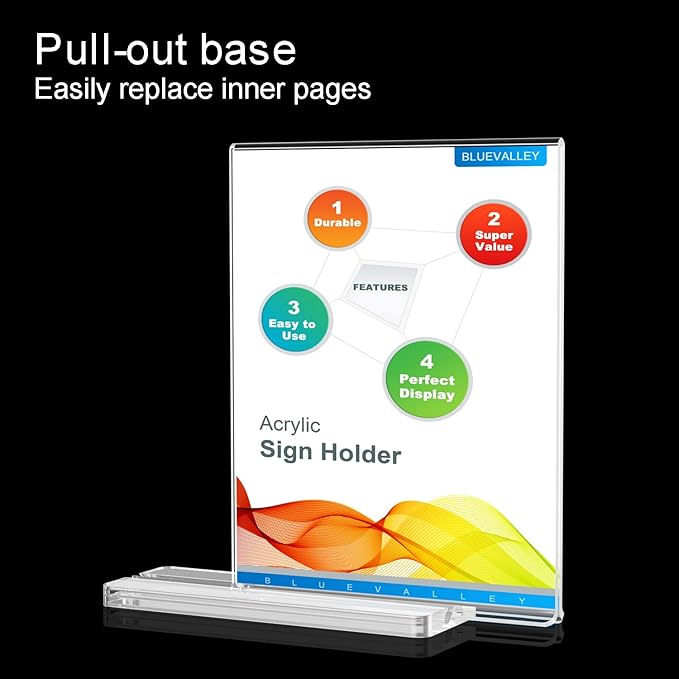 BlueValley Acrylic Sign Holder 8.5 x 11 Vertical - Double Sided Clear Sign Holders Plastic Stands for Display-6 Pack Document Paper Sign Stand for Table Top, Office, Restaurant, Store, Wedding, Party, Show Fairs