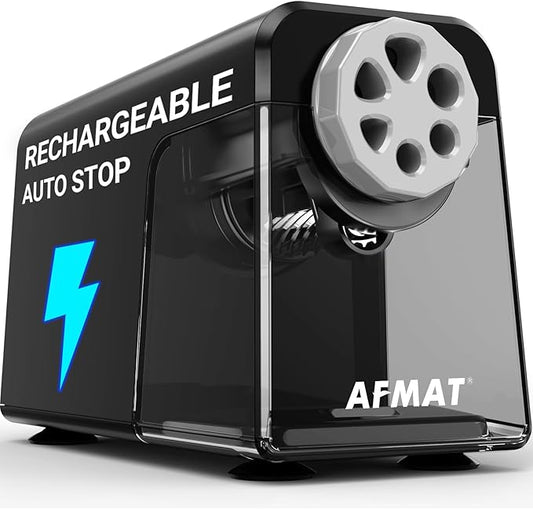 AFMAT 6-Hole Electric Pencil Sharpener for Classroom, Cordless & Rechargeable, Heavy Duty Pencil Sharpeners for 6-11mm Colored Pencils, Auto Stop, Super Fast, 10,000+ Sharpenings, Battery Powered PSD1