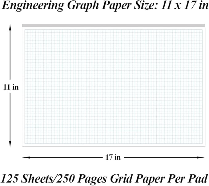 (5-Pack) Engineering Graph Paper Pads, 11x17 Quadrille 125 Sheets/250 Pages Grid Paper for Drafting, Engineering, Blueprint Drawing, 4x4 Blue Quad Rule, 100gsm White Paper