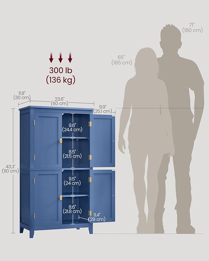 VASAGLE Floor Storage Cabinet, Freestanding Storage Unit with 4 Doors, Adjustable Shelves, 11.8 x 23.6 x 43.3 Inches, for Entryway, Bathroom, Harbor Blue UBBC552Q01