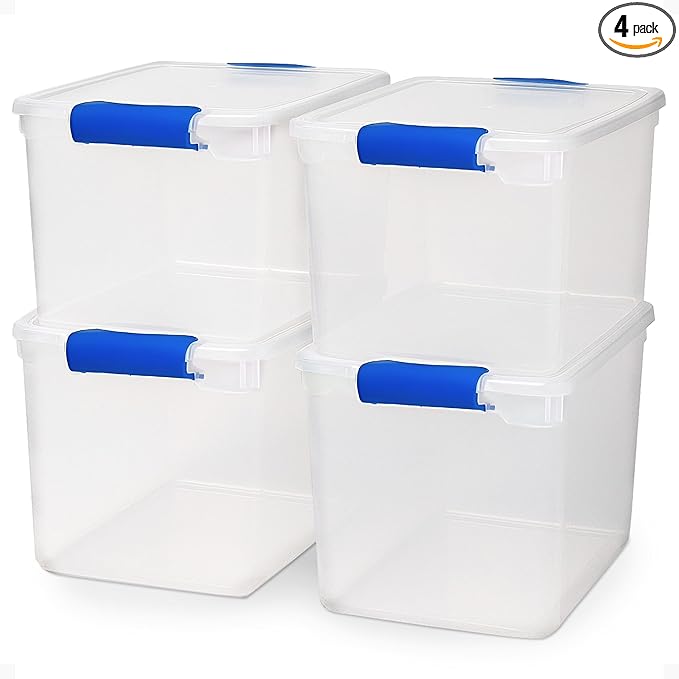 HOMZ 4-Pack 31 Quart Latching Lid, Clear Plastic Storage Organizer Bins, Blue – Stackable Containers for Home & Office Shelves, Kitchen, Garage, and Bathroom Organization