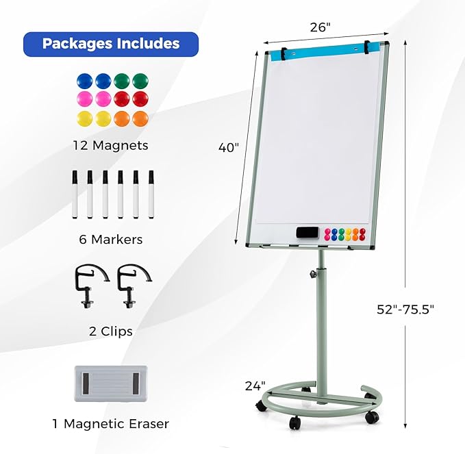 Goplus 40” x 26” Rolling Whiteboard, Height Adjustable Magnetic Dry Erase Board on Wheels with Round Stand, Paper Clips, Storage Tray, Paper Pad, Magnets, Markers, Mobile White Board for Office School