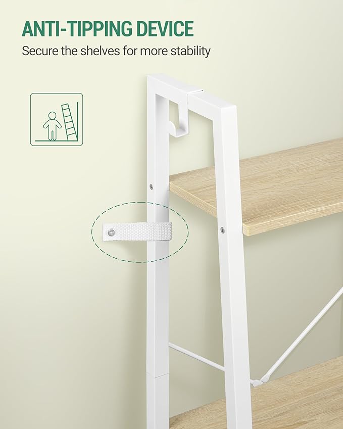 Hzuaneri Ladder Shelf, Bookshelf Bookcase, Freestanding Corner Storage Shelve with 2 Hooks for Home Office, Living Room, Kitchen, Bedroom, Industrial, 11.8" D x 13.4" W x 63" H, White Oak and White