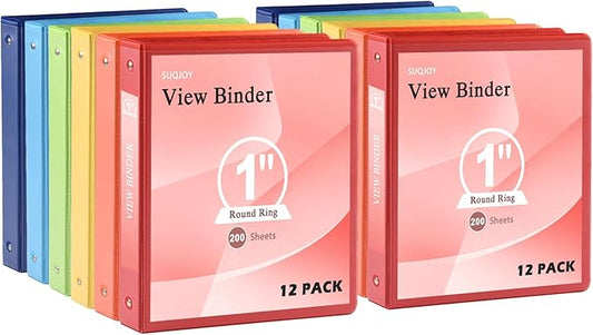 SUQJOY 1-inch 3 Ring Binder with 2 Inside Pockets, 1'' Basic Binders Holds US Letter Size 8.5'' x 11'' Paper - Versatile Binders for Office, School and Home Use (Pack of 12, Assorted Color)